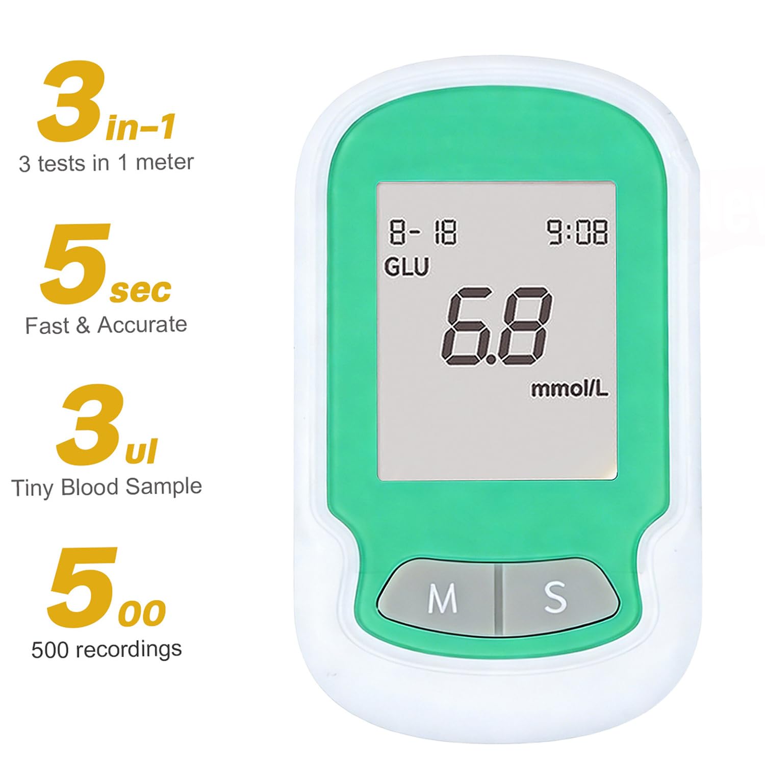 Kit di Test per Il Benessere Domestico 3 in 1, Set per Il Monitoraggio di Acido Urico, Glucosio E Colesterolo con Strisce Reattive, 500 Memorie, Rilevamento Accurato, per Uso Clinico E