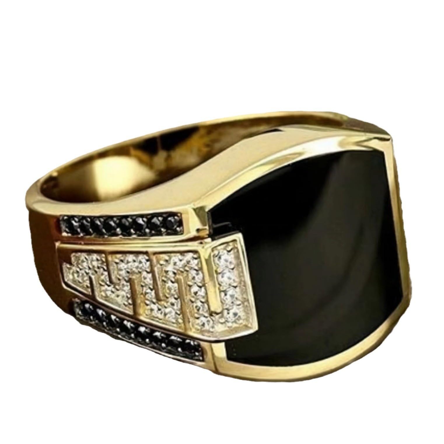 Ganquya Sparkling 18K Gold Plated Vintage Square Black Agate Signet Glossy Rings Simulated Diamond Hip Hop Ring Fashion Cuban Link Chain Promise Ring