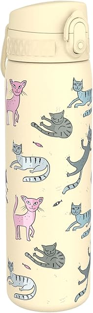Ion8 Leak Proof Slim Water Bottle, Stainless Steel, Cats, 600ml (20oz)