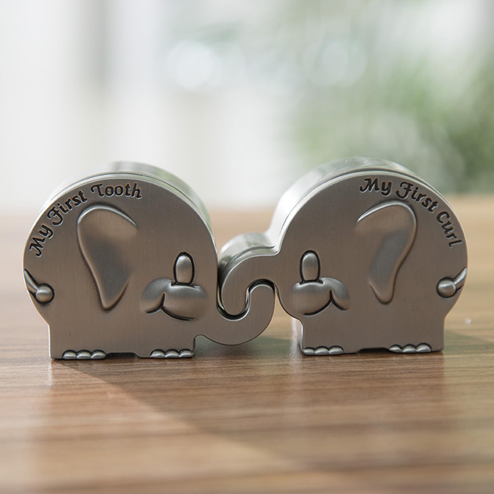 2 Pack Elephant Shape Keepsake Box for Baby First Tooth & Curl, Alloy Metal Memory Storage Box with Velvet Cushion, Newborn Baptism Birthday