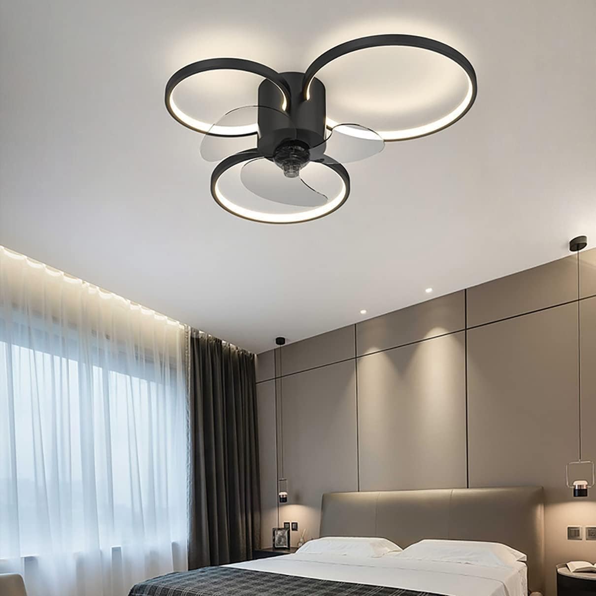 HXYSXHJUO Ceiling Fan Light 3 Colors Dimmable Lamp 60w Pendant Restaurant with Remote Control Home Decoration(Color:Black)