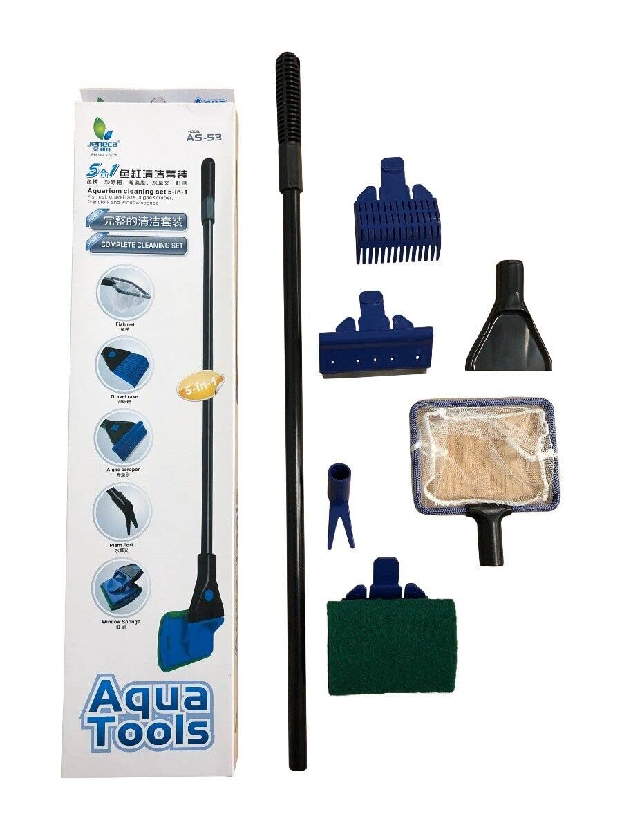 5 In 1 Cleaning Kit for Aquarium Fish Tank (Fish Net, Rake, Scraper, Plant Fork + Sponge) All-in-one Cleaner Set for Aquariums