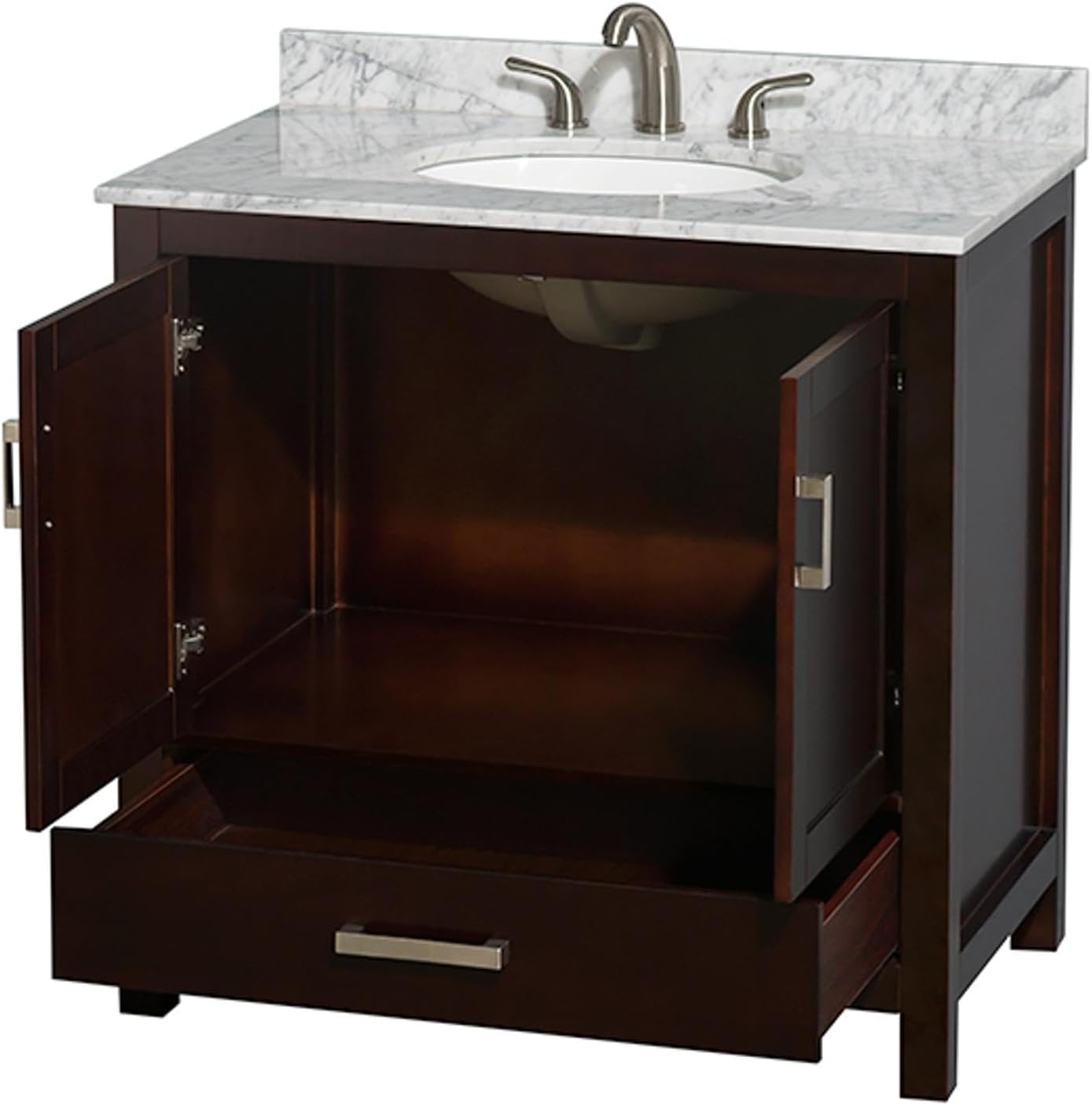 Wyndham Collection Sheffield 36 inch Single Bathroom Vanity in Espresso, White Carrara Marble Countertop, Undermount Oval Sink, and No Mirror