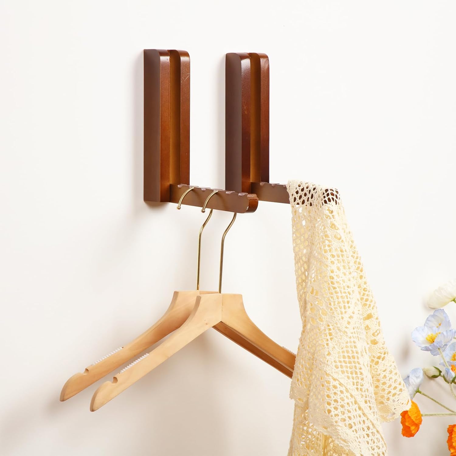 2 Pcs Wooden Coat Rack Wall Mounted Entryway Coat Hooks Heavy Duty Foldable Wall Hangers for Bathroom Bedroom Hanging Towels Clothes Bags