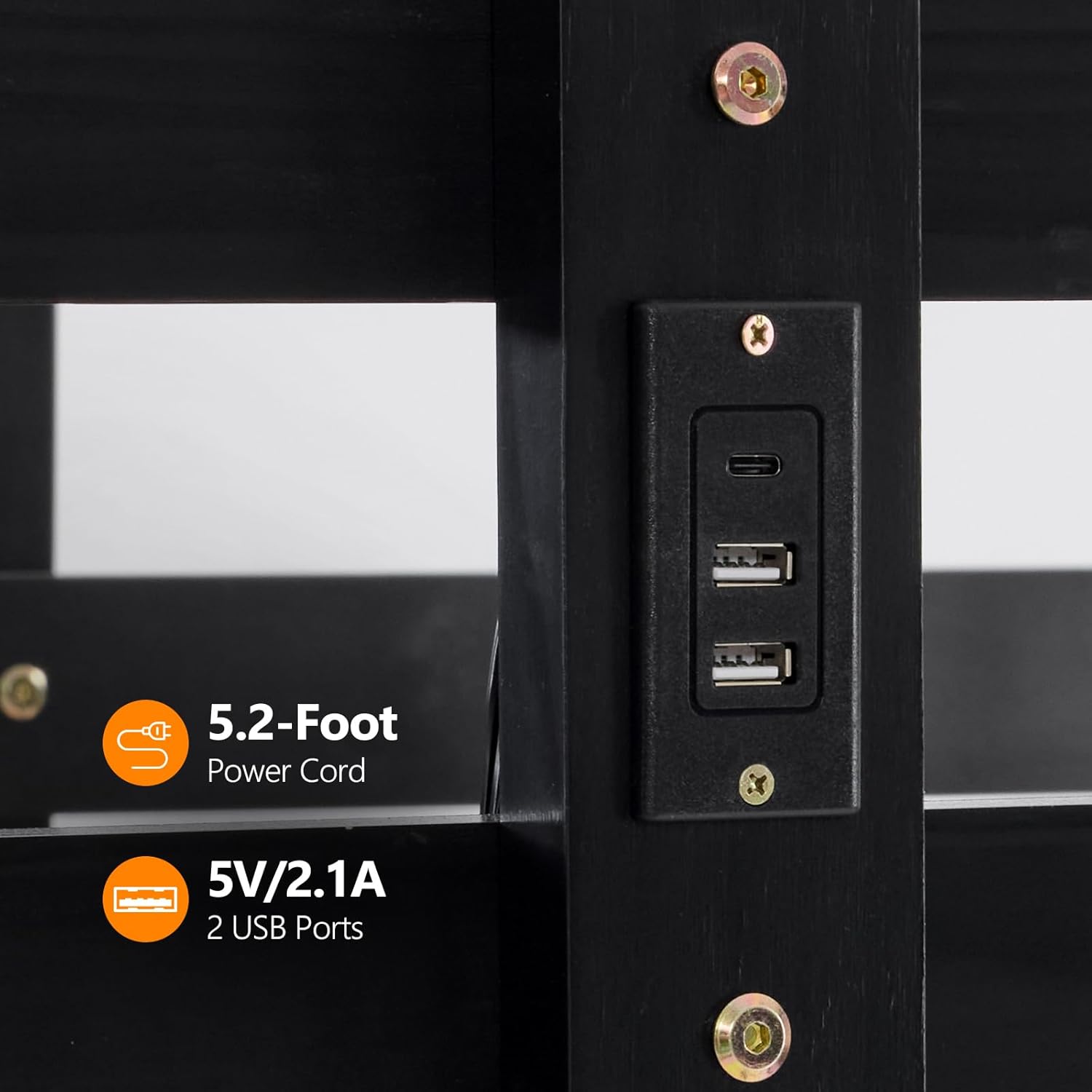 Close-up image of the charging station embedded in the bunk bed guardrail, showing two USB-A ports and one USB-C port, with text indicating a 5.2-foot power cord and 5V/2.1A output.