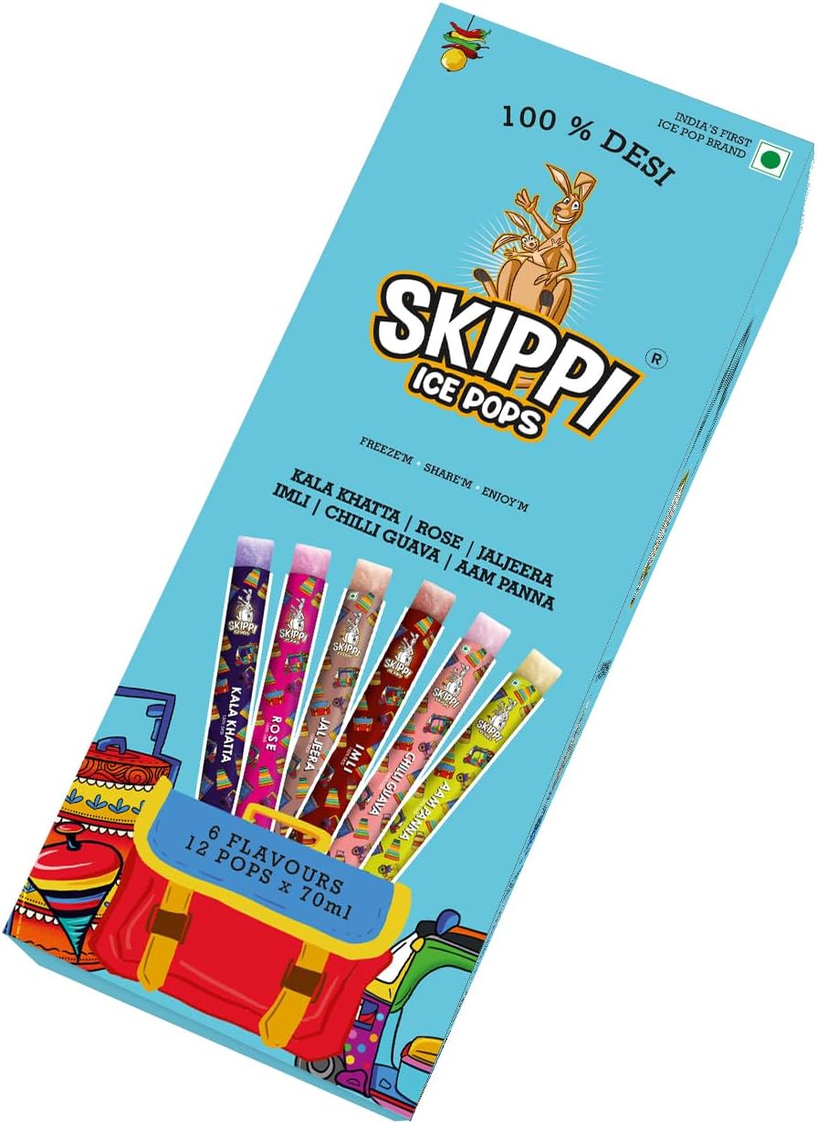 Skippi All Desi Flavour Ice Pops Box - Kala Khatta, Rose, Jaljeera, Imli, Chilli Guava, Aam Panna - 12 x 70ml - 100% Natural Ingredients, No Artificial Additives, 2 Sets of 6 Flavours