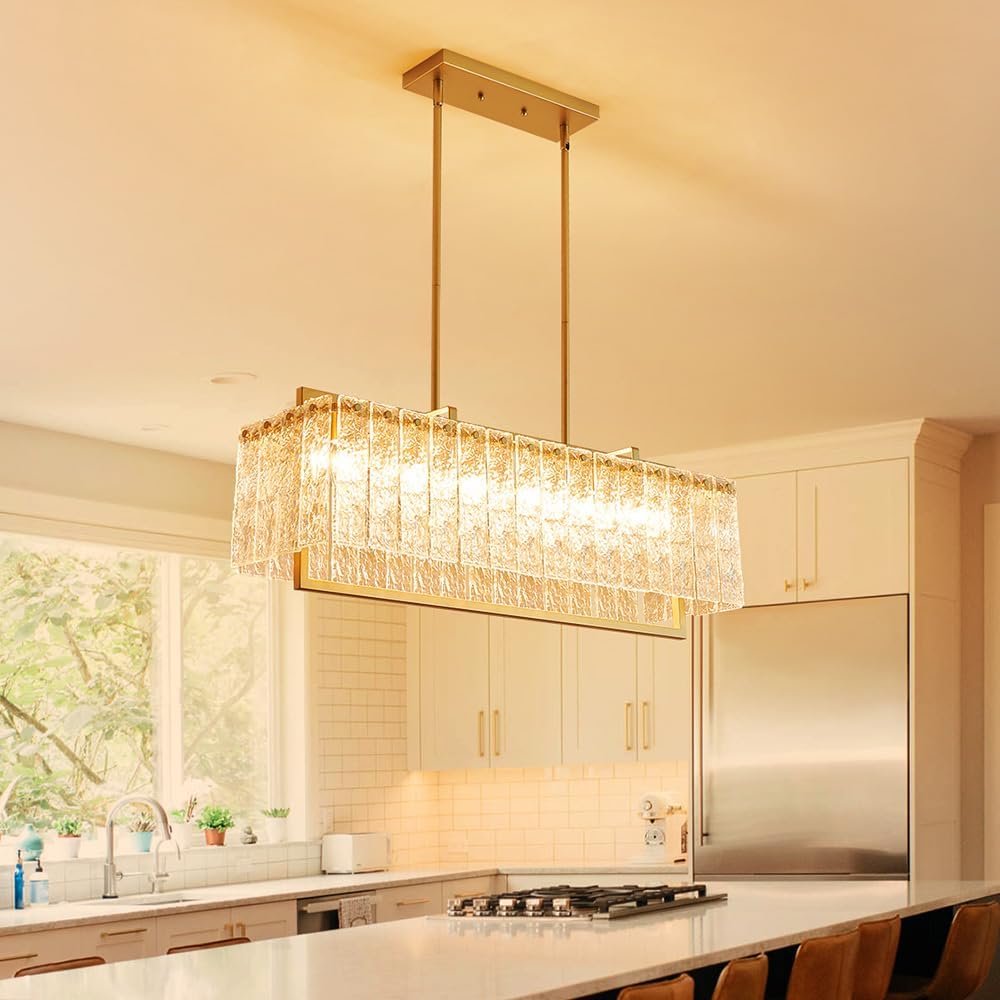 Shrine Lighting Gold Chandeliers, Modern Design, Rectangular Glass Chandelier for Living Space, L30'' × W10'' × H12'', Adjustable 78'', 6 x E12 Sockets, Glass LampShade & Brass Finish Frame