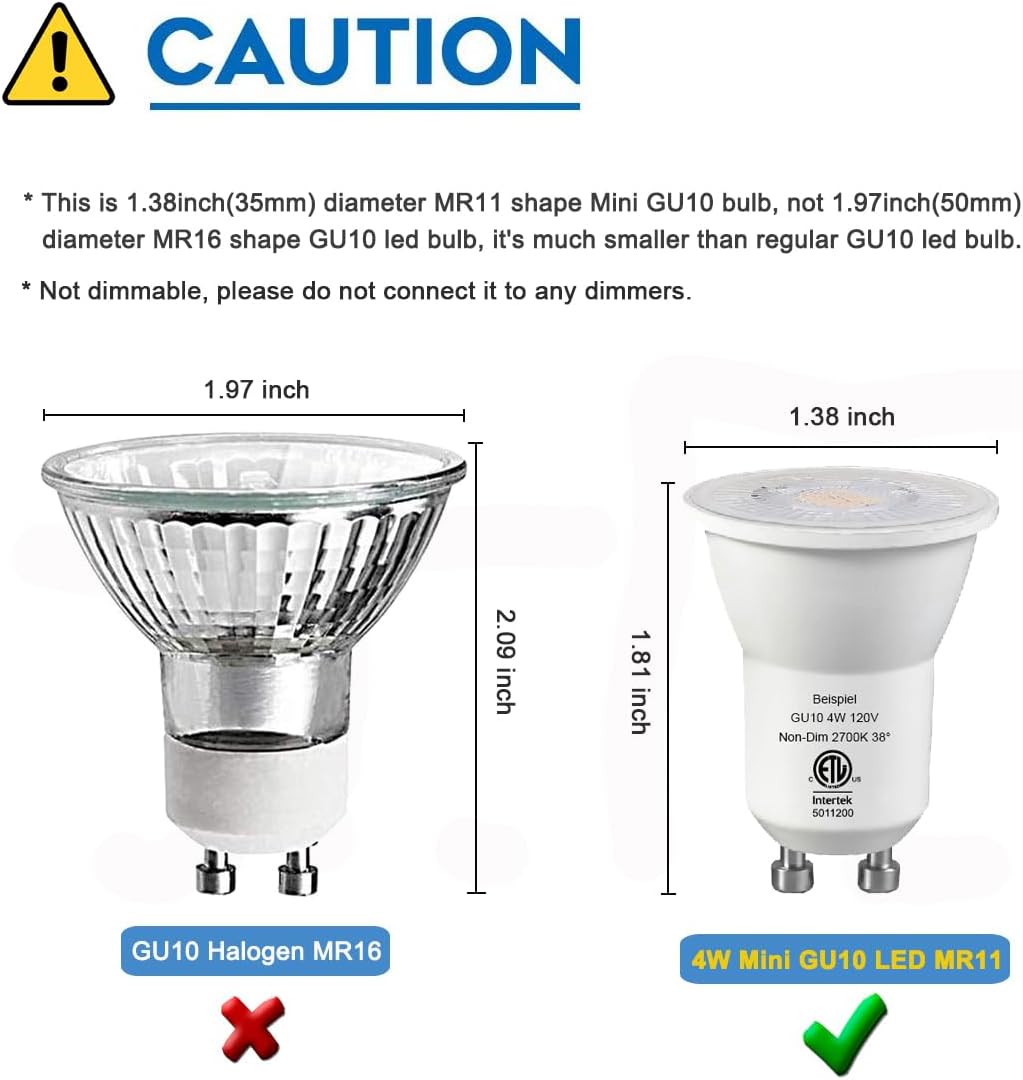 Beispiel Mini GU10 Led Bulbs 2700K Soft Warm White,MR11 GU10 Base 25W Halogen Equivalent, AC120V 4W Non-dimmable Led Spotlight Track Light Bulbs,Pack of 4
