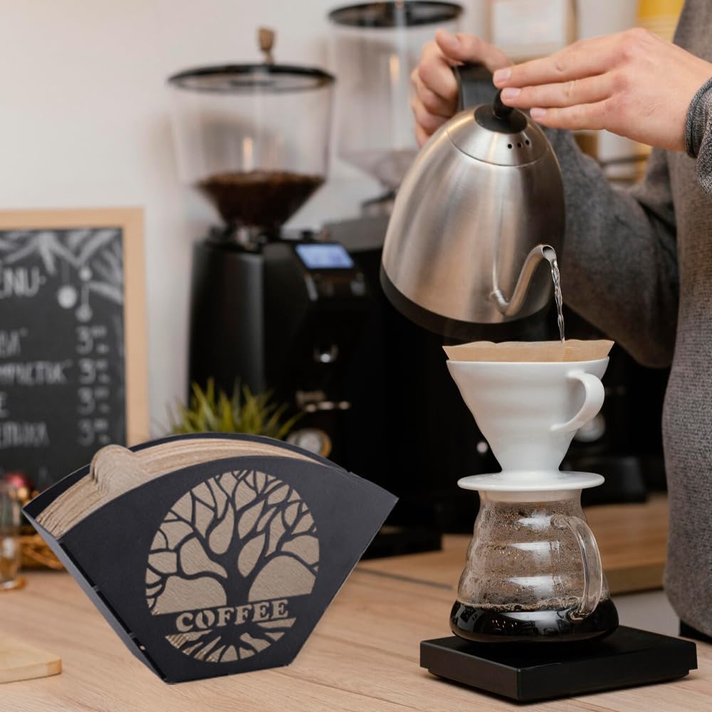 Kaffeefilterhalter Schwarz Metall V-förmig | Baum des Lebens-Dekor, Filtertütenhalter, Für Café, Hotel, Bar, Zuhause
