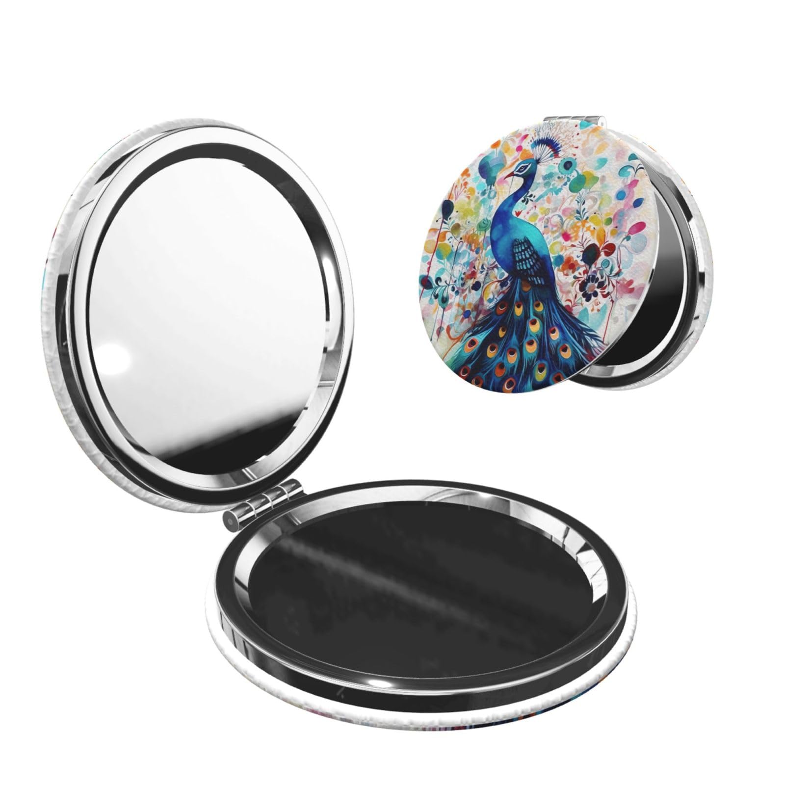 DWVTSLH Color Peacock Compact Mirror for Purse, Double-Sided 2X/1X Magnifying Mirror for Women Men, Travel Makeup Mirror for Handbag, Handheld Vanity Mirror for Gift