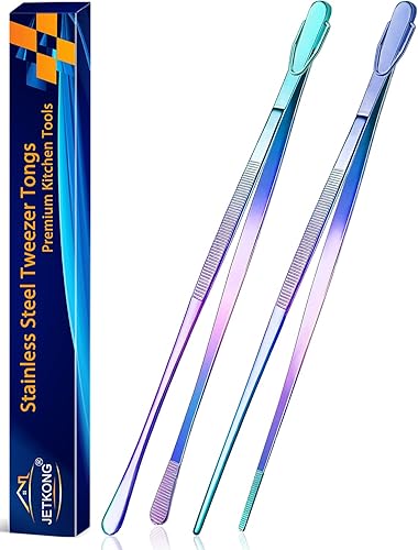 Miniatura 22 de JETKONG 2 pinzas finas de acero inoxidable de 16 pulgadas extra largas, pinzas de cocina largas para cocinar (arcoíris)