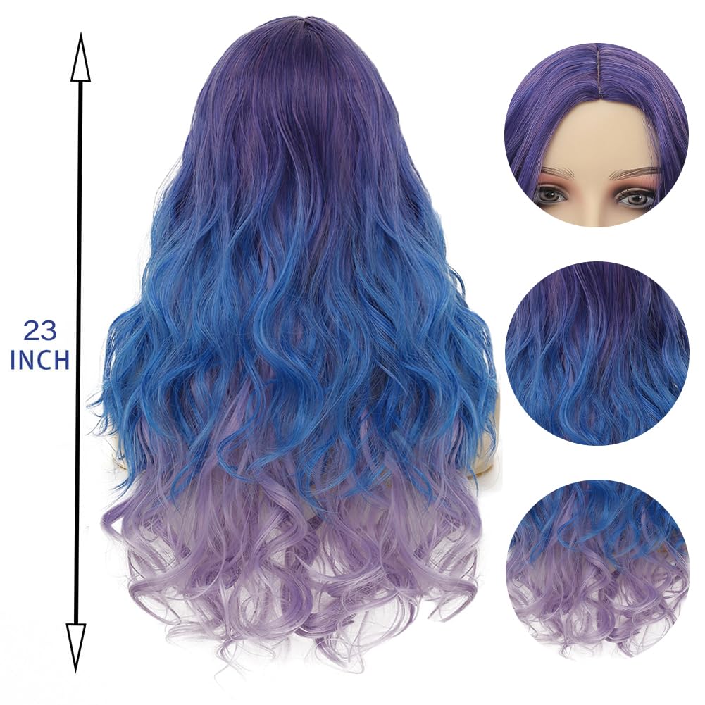 Blue and Purple Curly Women Wigs Long Wave Middle Part Synthetic Wig for Halloween Cosplay Wigs (Mixed Blue) - Image 4