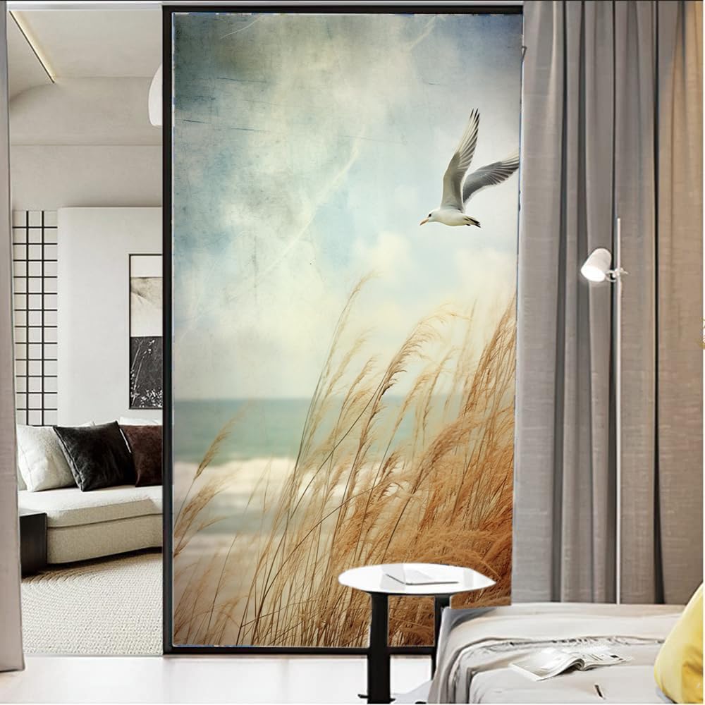 Zeitgenössische Sichtschutzfolie mit Möwe, wildes Grasland, Küste, Seevögel, Milchglas, Fensterfolie, dekorativ, statisch haftend für Glas für Zuhause, 90 x 140 cm
