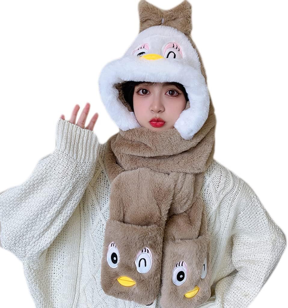 Scarf,Fashion Hat 3 in 1 Furry Hat Scarf Gloves Hooded Scarf with Mittens Headband Cap for Women Teen Girls Gifts Scarf(White)