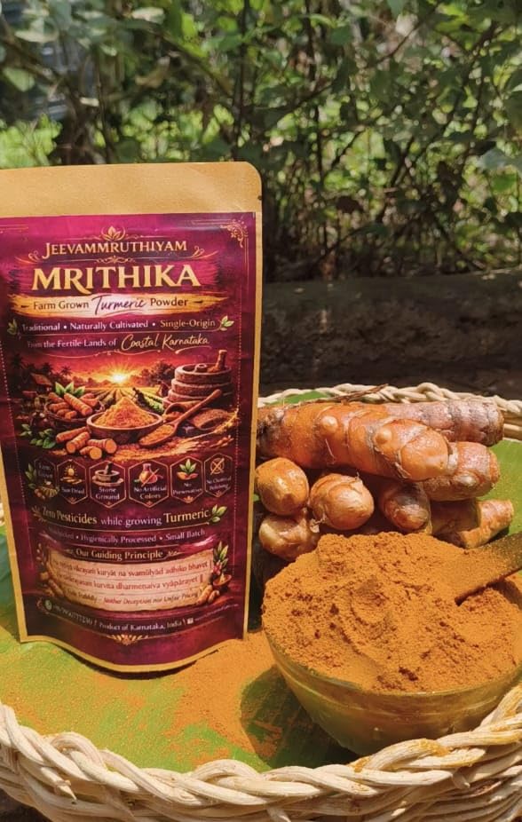 Image of Turmeric Powder Mrithika | Sun-Dried Haldi Powder | High Curcumin Manjalpodi | TURMERIC Stone-Grounded fresh batch | Pesticide-Free Arishina, No Additives Pasupu | MRITHIKA Farm-Grown curcuma longa Coastal Karnataka 200gm Pouch