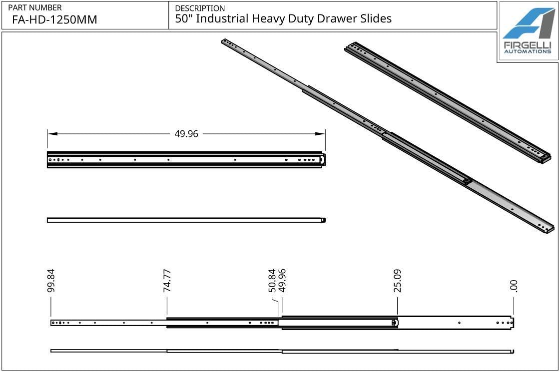Firgelli Automations Industrial Heavy Duty Drawer Slides, 500 lb Capacity, 50 inch Length