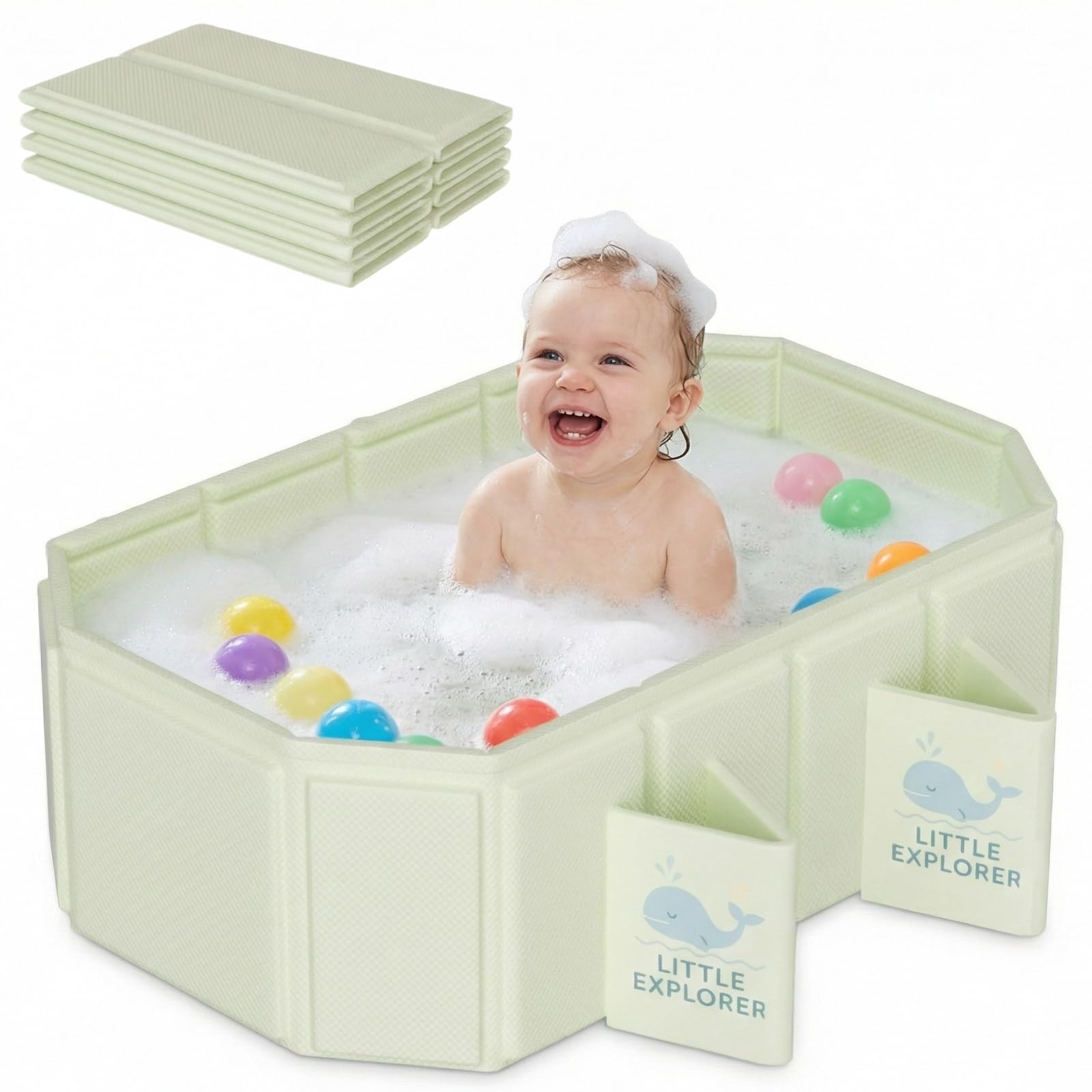 Baignoire pliable pour bébé de 0 à 6 ans, baignoire portable pour enfants avec 4 pieds de soutien, base antidérapante et deux trous de drainage, baignoire de voyage peu encombrante (vert clair)