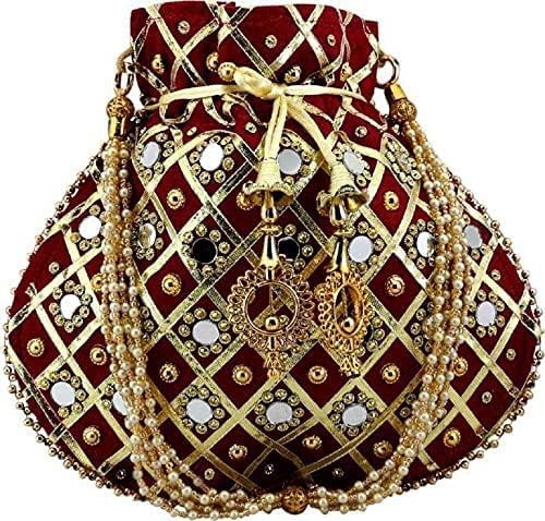 Designer Potli Bags for Ladies for Wedding Parties Mirror Embellished Embroidered Bag for Women (maroon) (B0D33N28DZ) Amazon Price History, Amazon Price Tracker