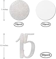 Vista 2 de Confeti de 15 con purpurina plateada, confeti de número de cumpleaños número 15, 200 piezas de suministros de decoración de mesa para fiesta