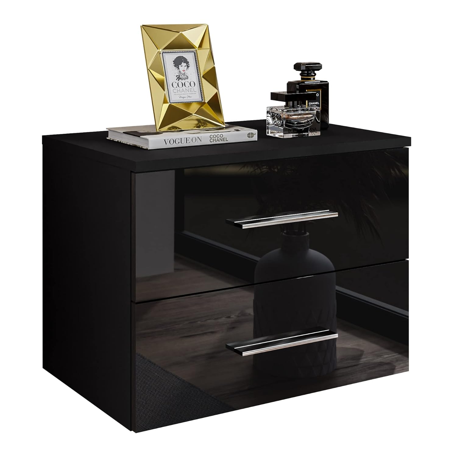 Nachttisch Lina Aluminiumgriffe mit Schubladen und LED Beleuchtung Schwarz Hochglanz HG Schlafzimmer Nachtschrank Beistelltisch (weiß/schwarz…