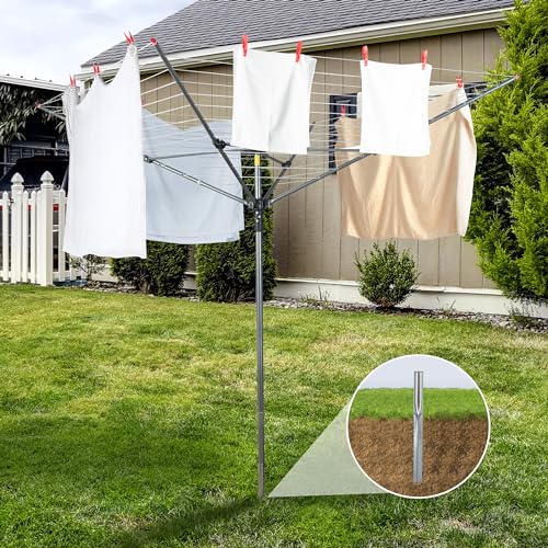 Image of STO STO Umbrella Clothesline Outdoor Drying Rack, 164 Feet Rotary Clothes Drying Rack with Adjustable Height, Folding Laundry Line with Metal Ground Spike for Backyard, Patio, Garden, Heavy Duty
