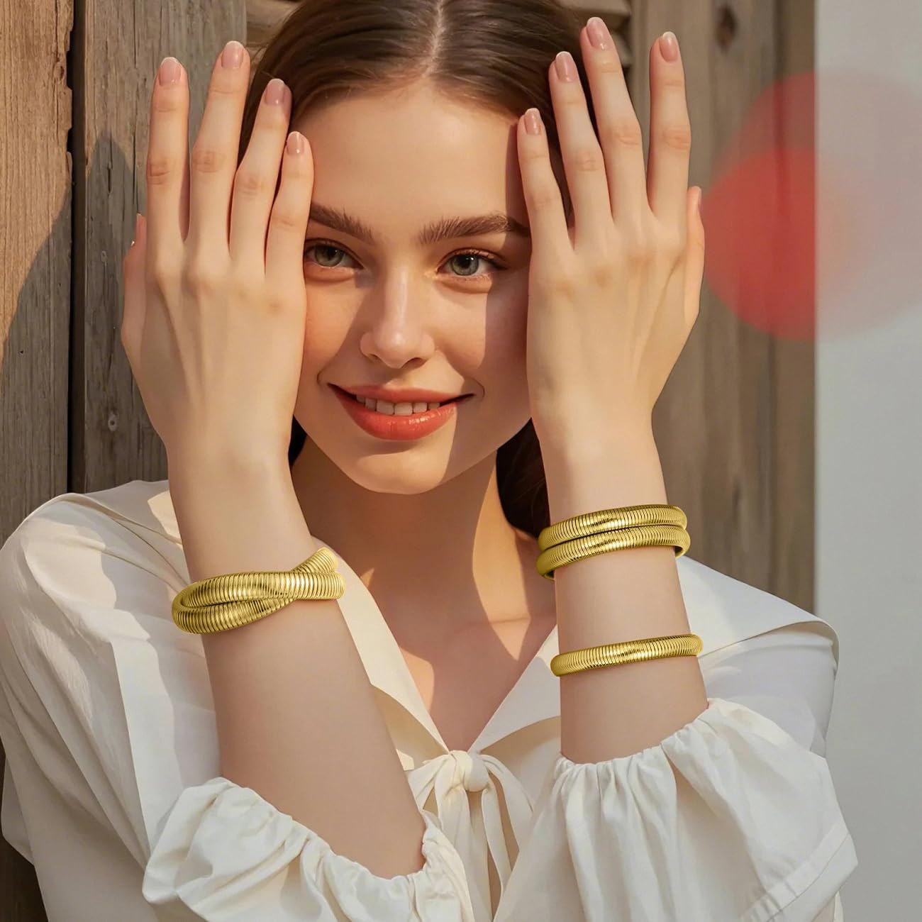 Emibele Gold Bangles Bracelet Set for Women, 18K Gold Plated Chunky Stainless Steel Non Tarnish Stretch Bracelet Stack, Flexible Wide Wristband Bangle Layered Snake Chain Bracelets - Image 2