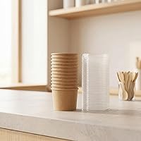 Vista 7 de Lyellfe Paquete de 100 cuencos desechables para helado, 8 onzas, cuencos de papel kraft resistentes con tapas, recipiente de sopa para postre