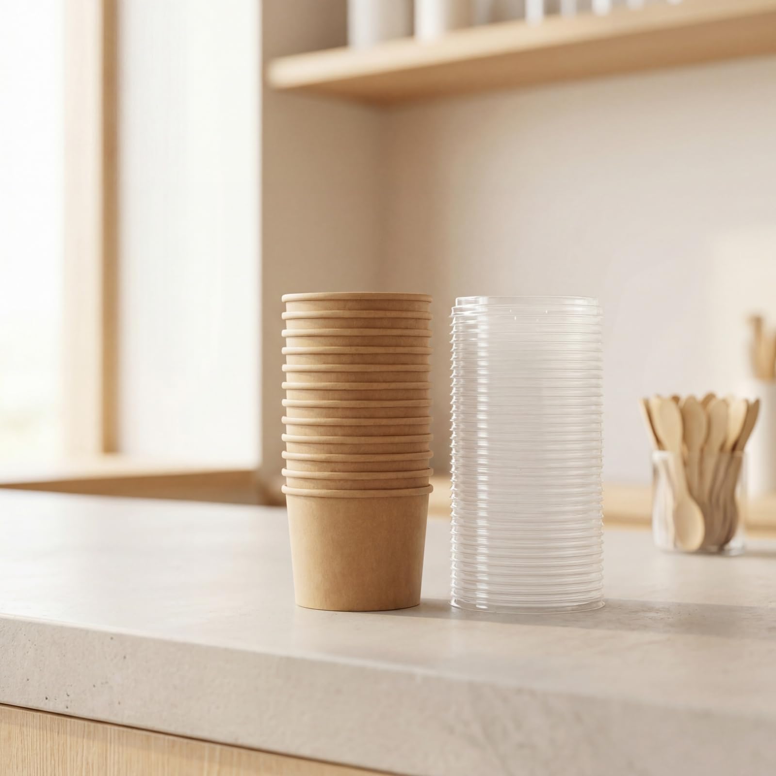 Lyellfe Paquete de 100 cuencos de papel desechables con tapas, tazón de papel kraft resistente de 8 onzas, contenedor de sopa para llevar, tazas de postre para helado, yogur, frío y caliente