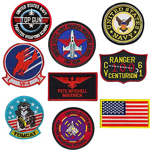 Top Gun Patches Set United Sates Navy Fighter Weapons School, American Flag, CV-61 USS Ranger 100 Centurion, Tom Cat, Pete Mitchell Maverick, VF-1 Embroidered Morale Patch Hook Loop Backing 9PC