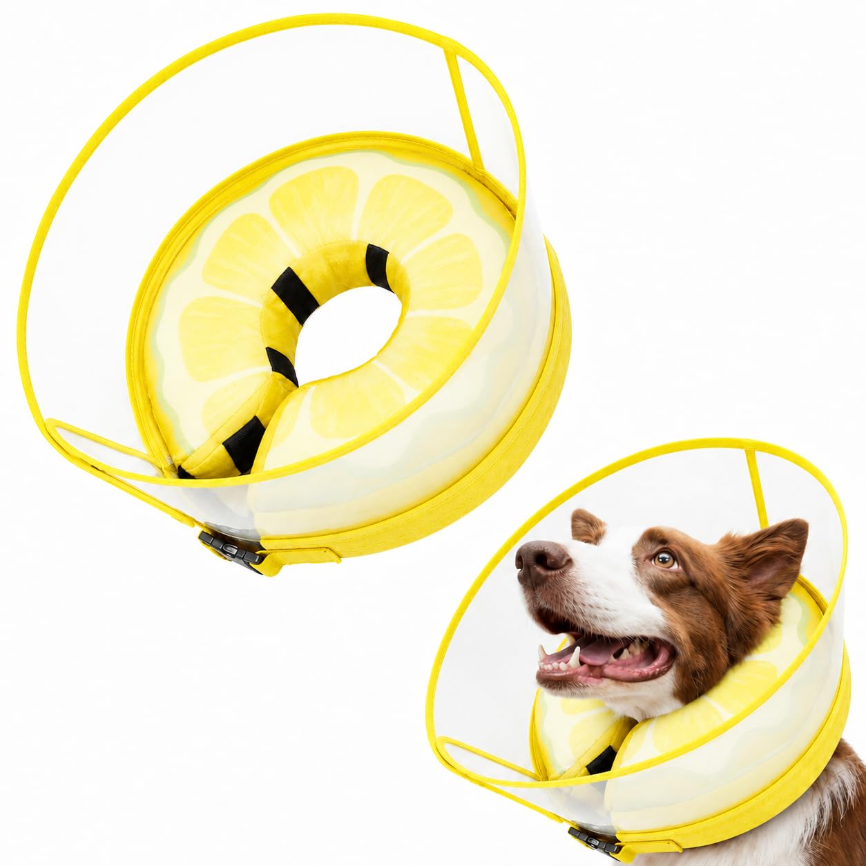 InfiniZer Inflatable Dog Collar for After Surgery 2-in-1 Dog Cone Adjustable Soft Donut Collar with Detachable Shield Anti-Lick Recovery Pet Cone Collar for Small Medium Large Pet (Yellow, M+)