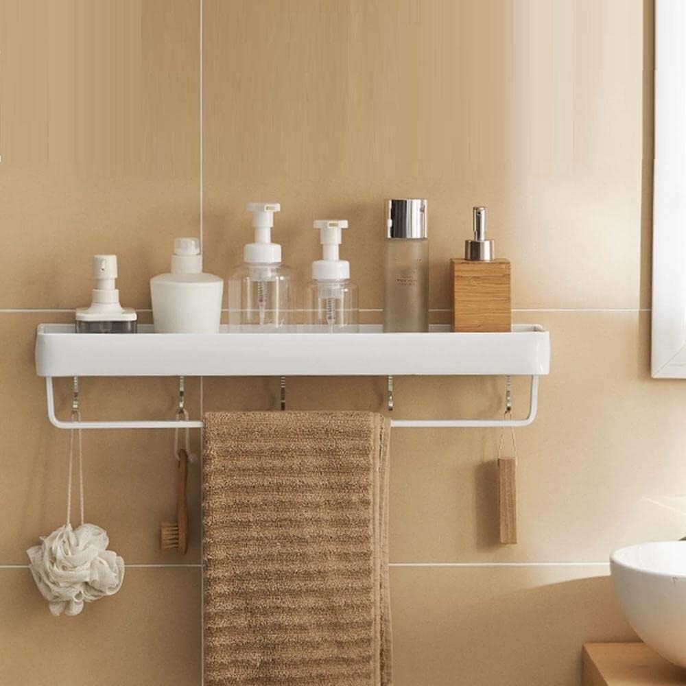Porte-serviettes de salle de bains, Étagère De Bain Sans Perçage, Fixation Murale for Salle De Bain Avec Crochet, Espace Blanc En Aluminium
