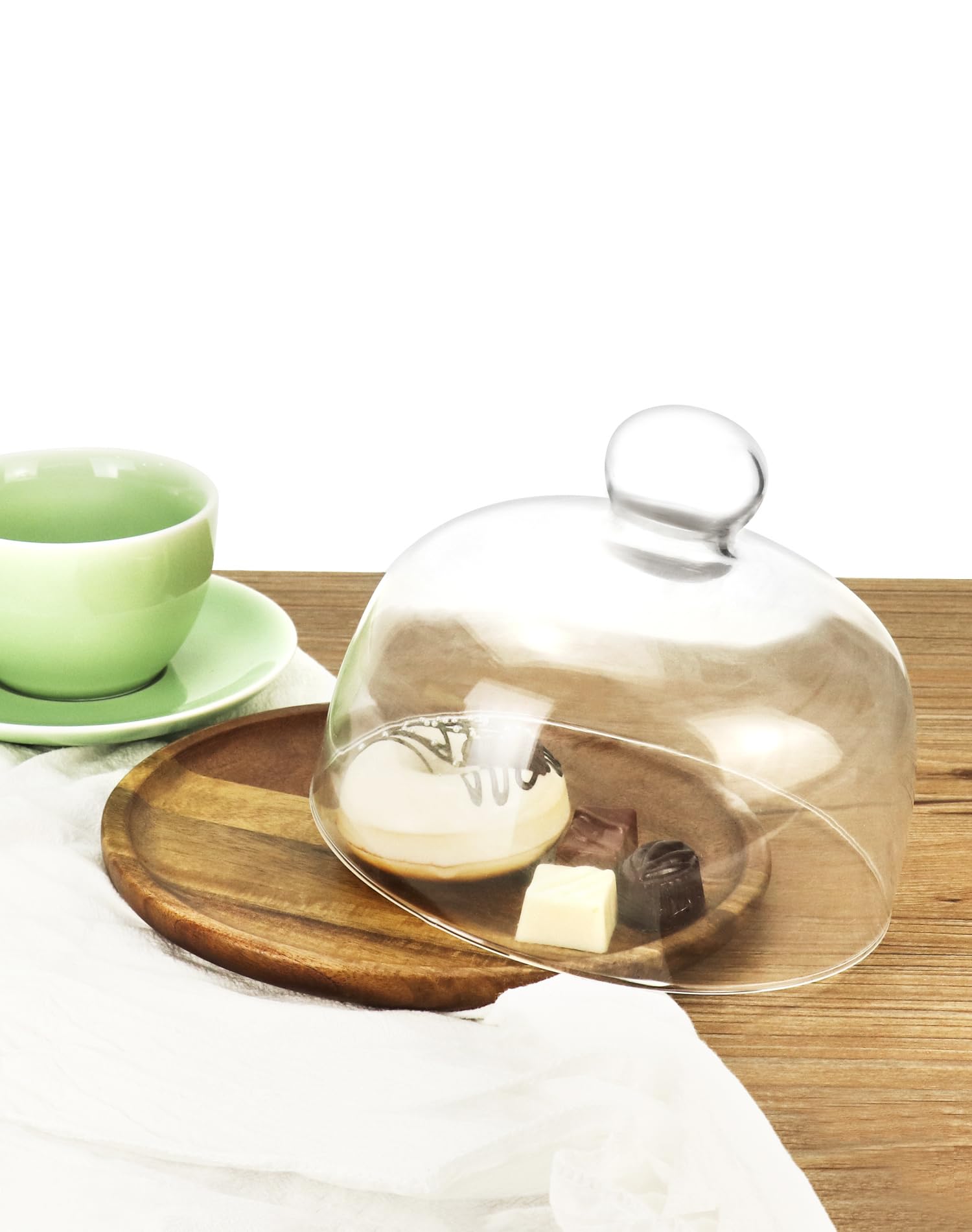 QWORK Glasglocke mit Tablett aus Akazienholz, 17,8 cm Durchmesser, Dessert- und Käse-Displayabdeckung mit Knaufgriff für einfachen Zugriff, vielseitige Servierplatte für Unterhaltung und Dekoration