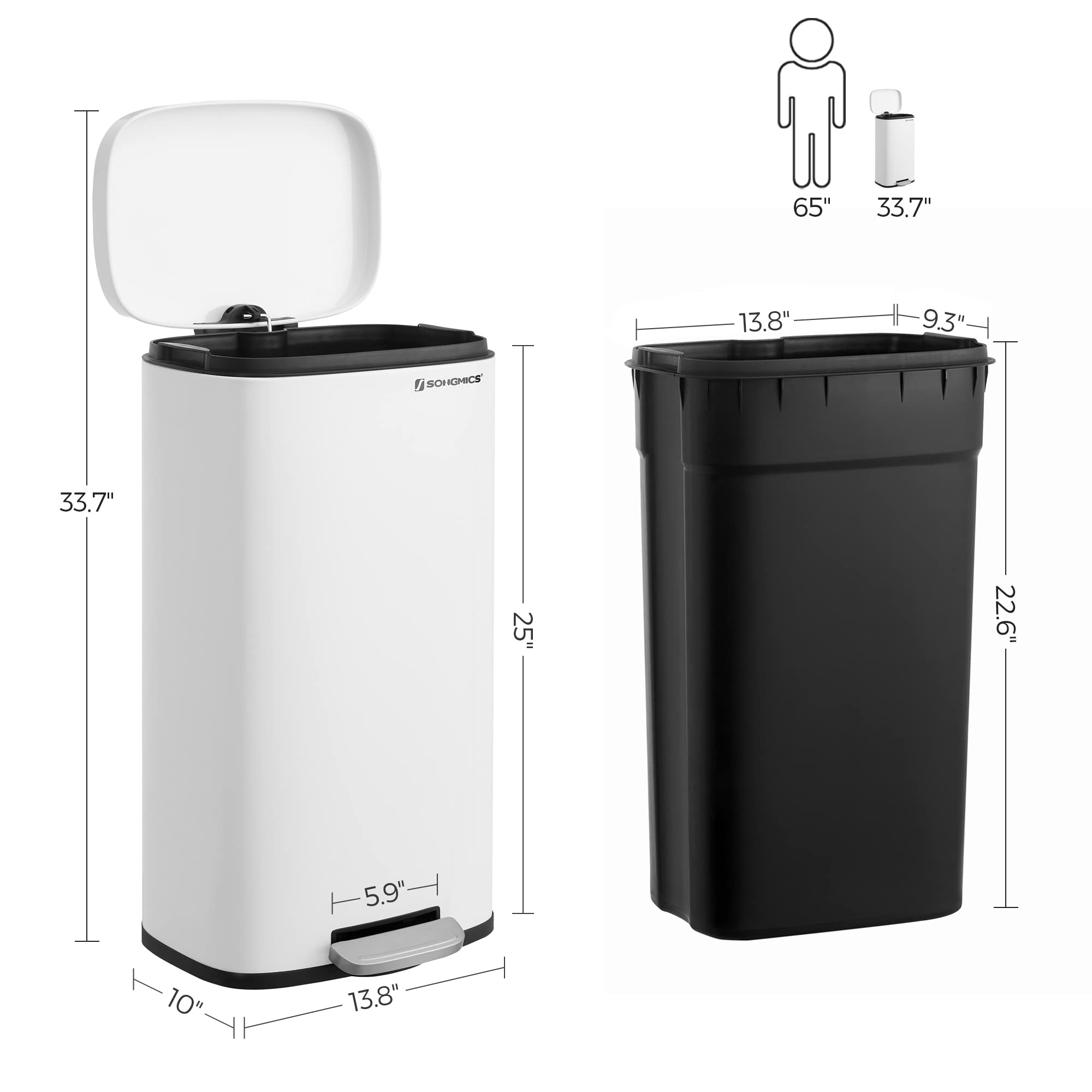 SONGMICS 8-Gallon Trash Can, Stainless Steel, with Hinged Lid, Plastic Inner Bucket, Soft Closure, Odor Proof, Hygienic, White