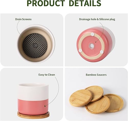 Miniatura 4 de AOMRYOM Macetas de cerámica de 4 pulgadas con agujeros de drenaje y bandejas de bambú, macetas modernas para plantas de interior, suculentas,