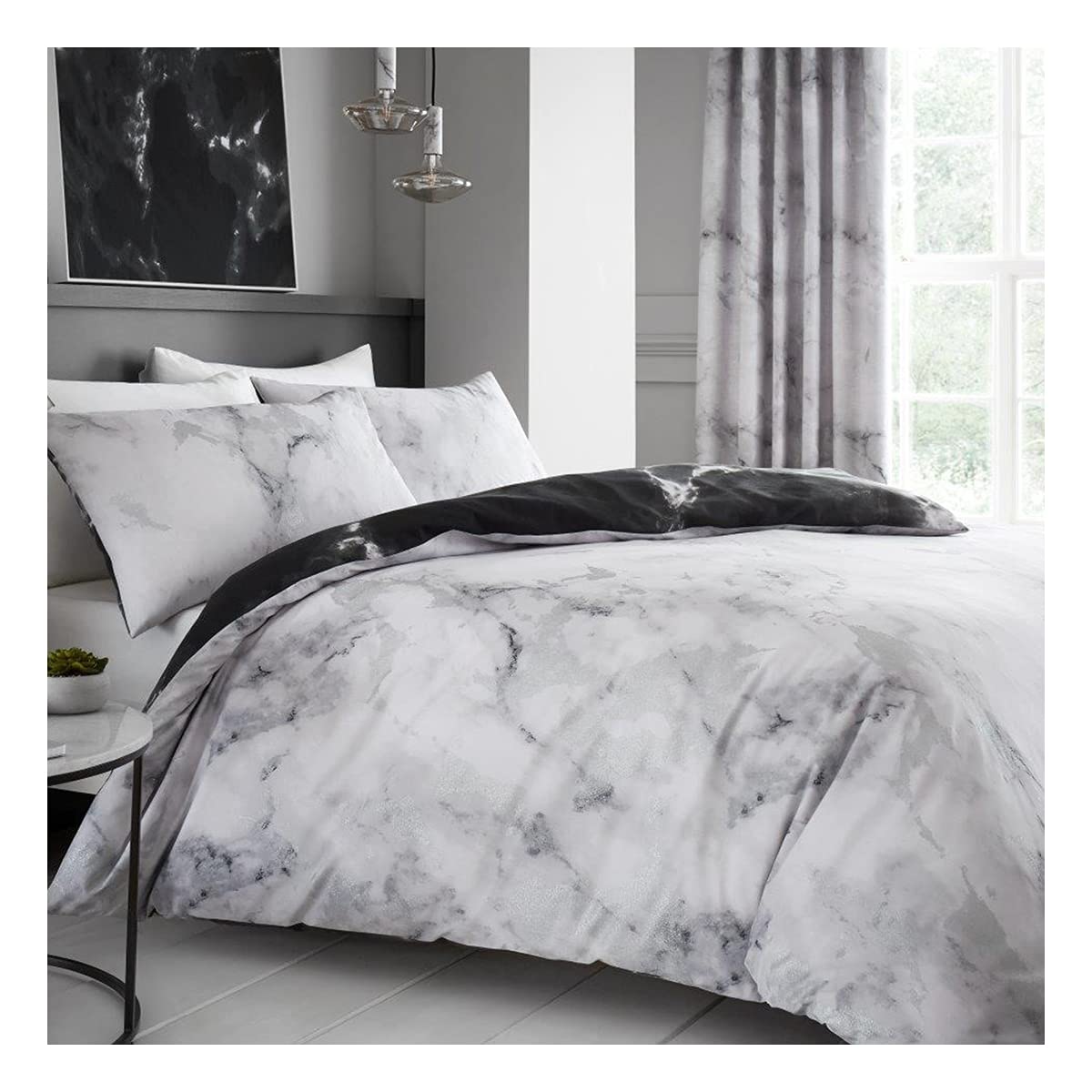 Lions Marble Effect Bedding Set Single Bed Duvet Cover with Pillowcase, Ultra Soft 2 Piece Poly Cotton Reversible Quilt Covers, Button Closure, Grey, 137x200cm