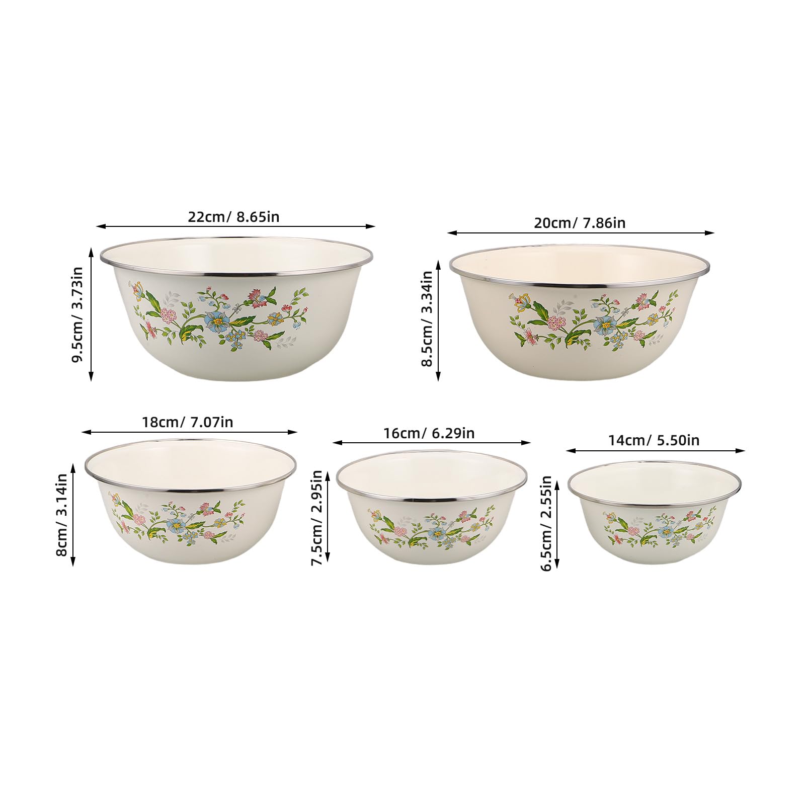 COLLBATH 5-częściowy zestaw emaliowanych misek kuchennych w stylu vintage: 14/16/18/20/22 cm, zestaw do przechowywania owoców - miski sałatkowe, emaliowane, do domu i kuchni, 5 rozmiarów
