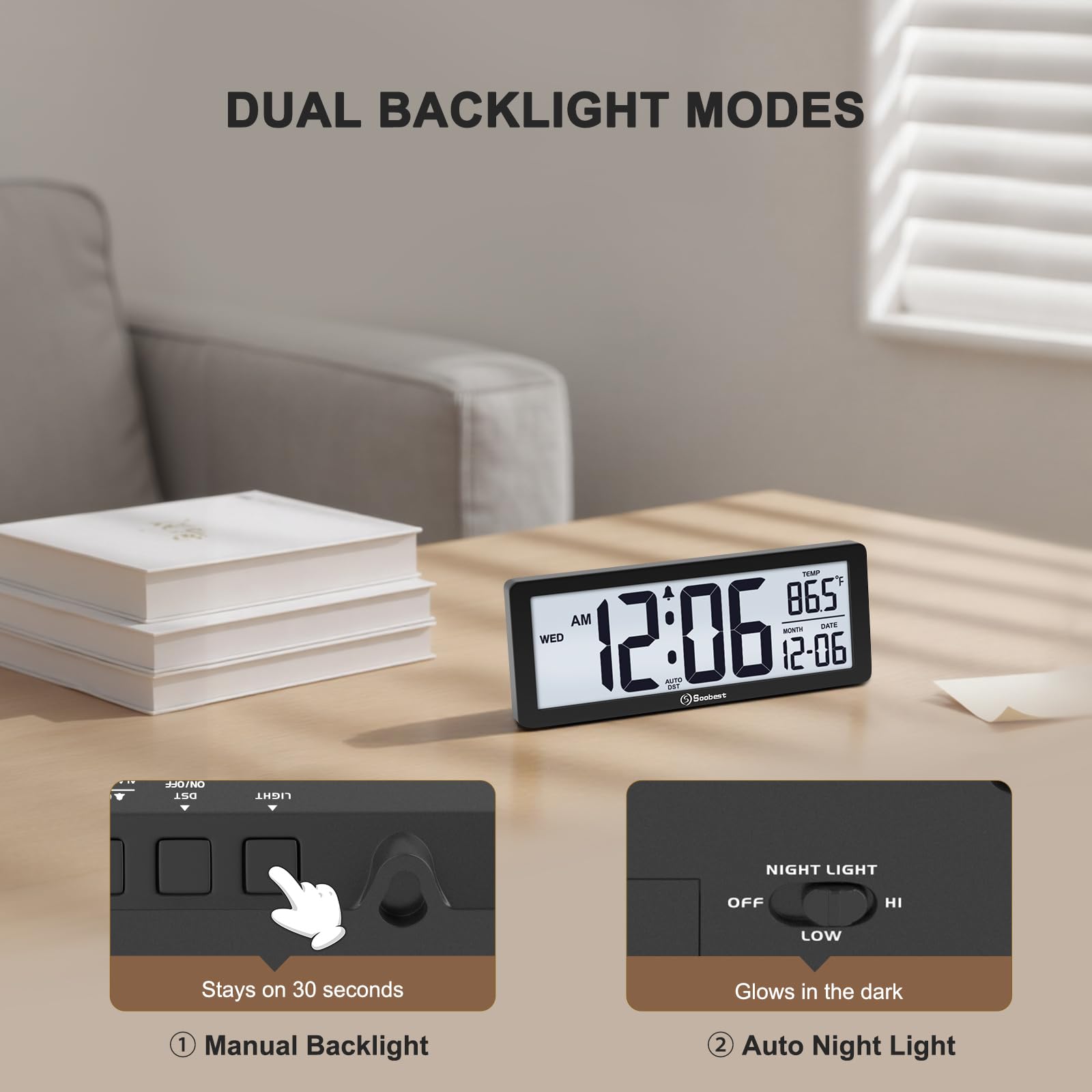 Soobest Orologio digitale da parete da 21,6 cm, funzionamento a batteria, con retroilluminazione, temperatura, data, giorno e ora legale, design sottile per anziani, camera da letto, soggiorno