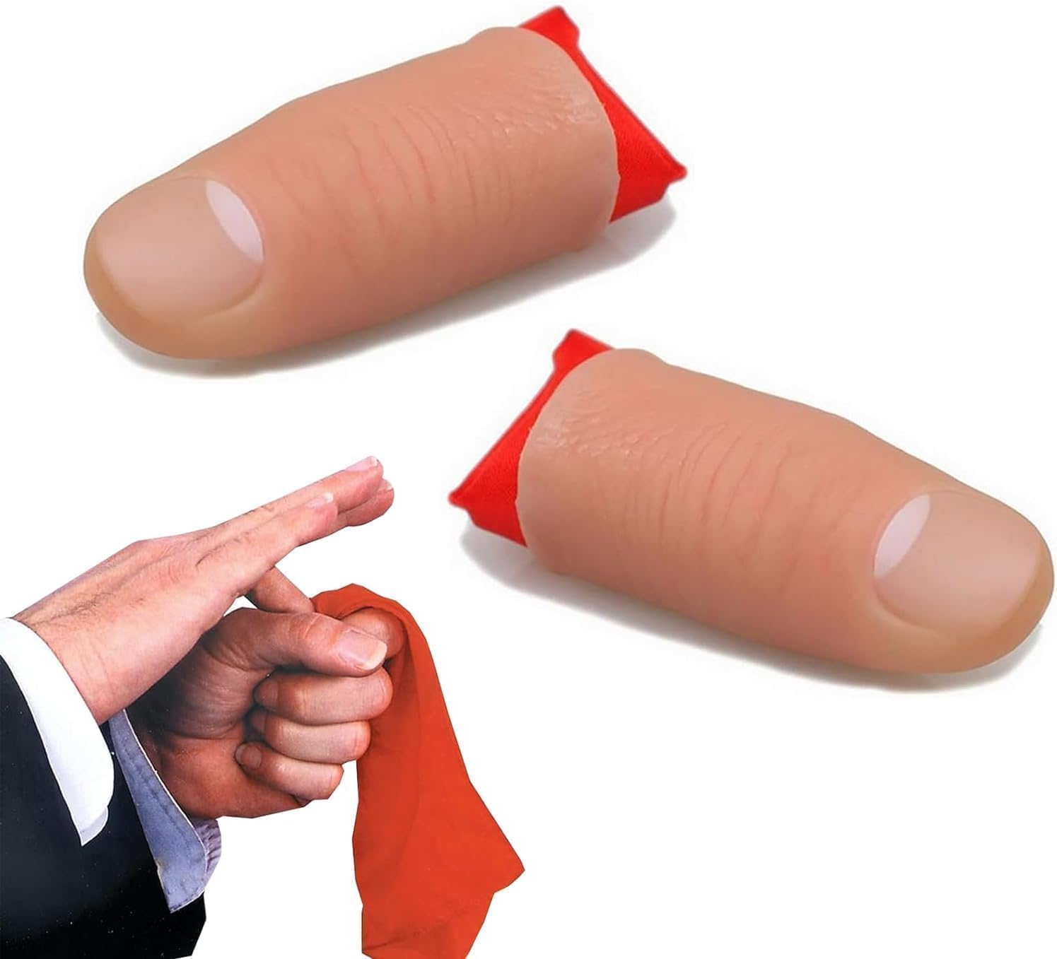Wwyan Fake Thumb Tips Magic Props, 2 Pieces, Disappearing Trick Fake Fingers, Stage Show Close Up Vanish Appearing Finger Trick, with Red Silk Training Cloth