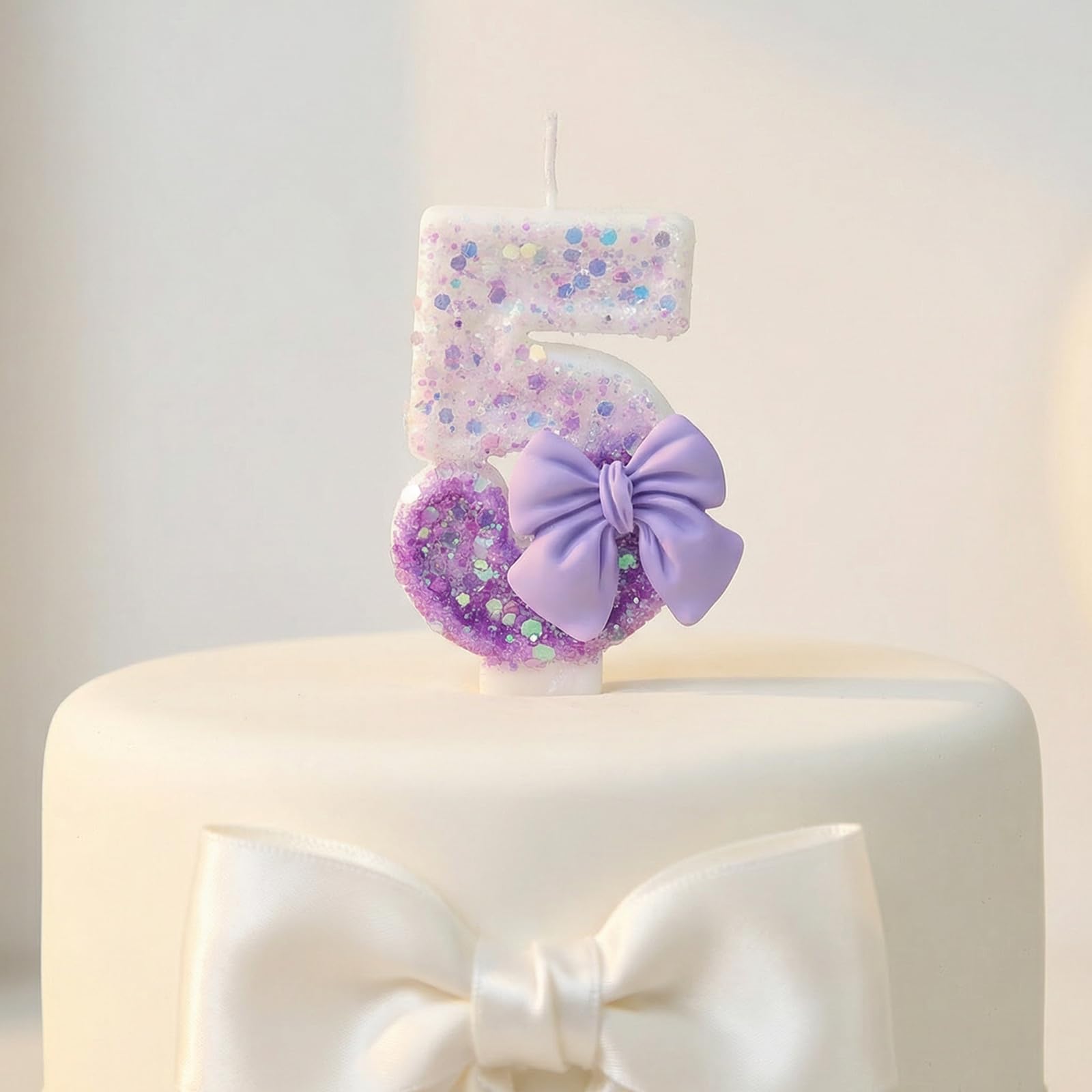 Number 5 Birthday Candles - Non-Toxic Smokeless Glitter Candles for Cakes, Kids Birthday Party Decorations with Bow & Sparkle (Purple Gradient)