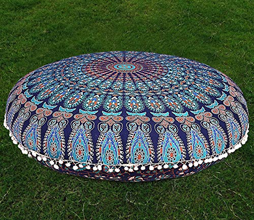Traditional Jaipur Peacock Feather Mandala Floor Cushion, Decorative Throw Pillowcases 32", Indian Pouf, Boho Ottoman, Pom Pom Outdoor Cushion, Boho Pillow Shams, Pet Dog Cat Bed Without Filler #TOP2