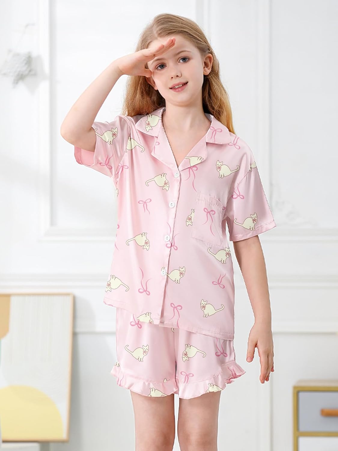 Umeyda Girls & Women Satin Pajamas Set Button Down 2 Piece Silk Pjs Shorts Set Ruffle Sleepwear, 5 Years-Women L