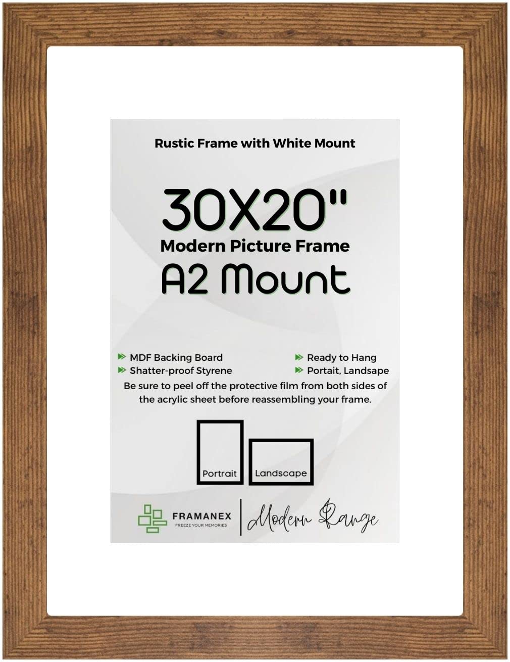 FRAMANEX RUSTIC Large Picture Poster Frame Size 30X20 inches, 76.2X50.8cm, 762X508mm with White mount to fit image print size A2, 24X16 inches, 60X42cm, 600X420mm [RUSTIC Frame]
