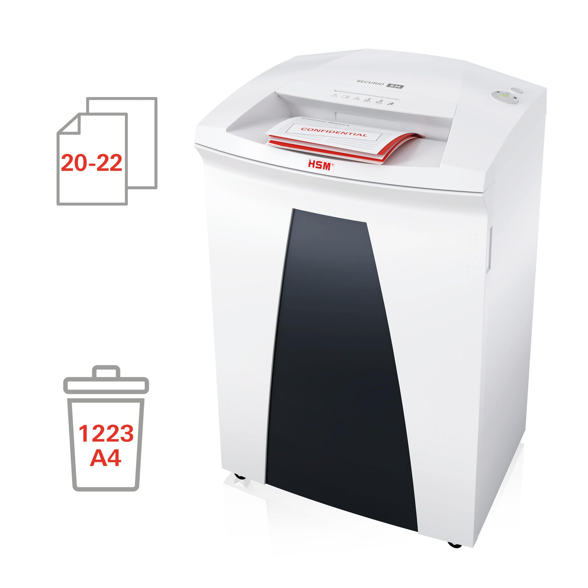 HSM SECURIO B34 Aktenvernichter I Partikelschnitt 4,5x30 mm I 22 Blatt | Sicherheitsstufe P-4 I Schredder für Papier, Kreditkarten, CD/DVD, Heft- und Büroklammern I 100l Behälter I 5 J. Garantie