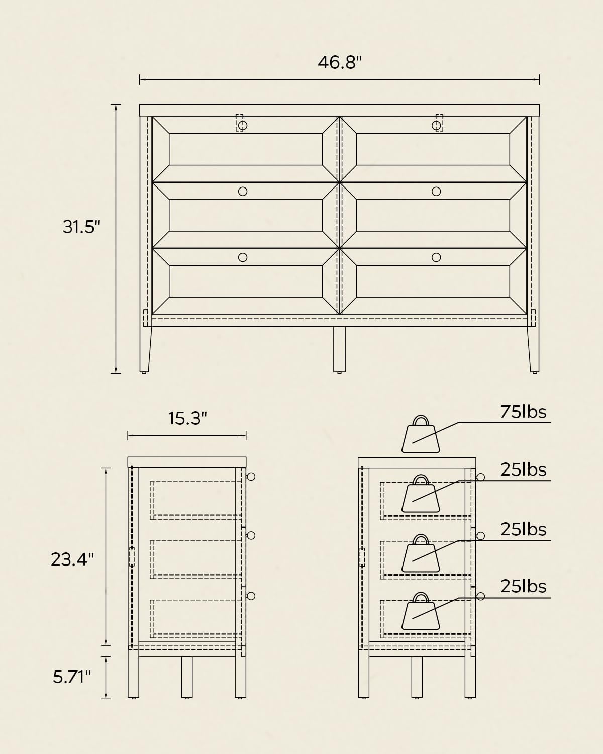 47" Wide 6 Drawer Dresser for Bedroom Mid Century Modern Chest of Drawers Wooden Storage Dresser Organizer TV Stand for Living Room, Hallway, Light Oak