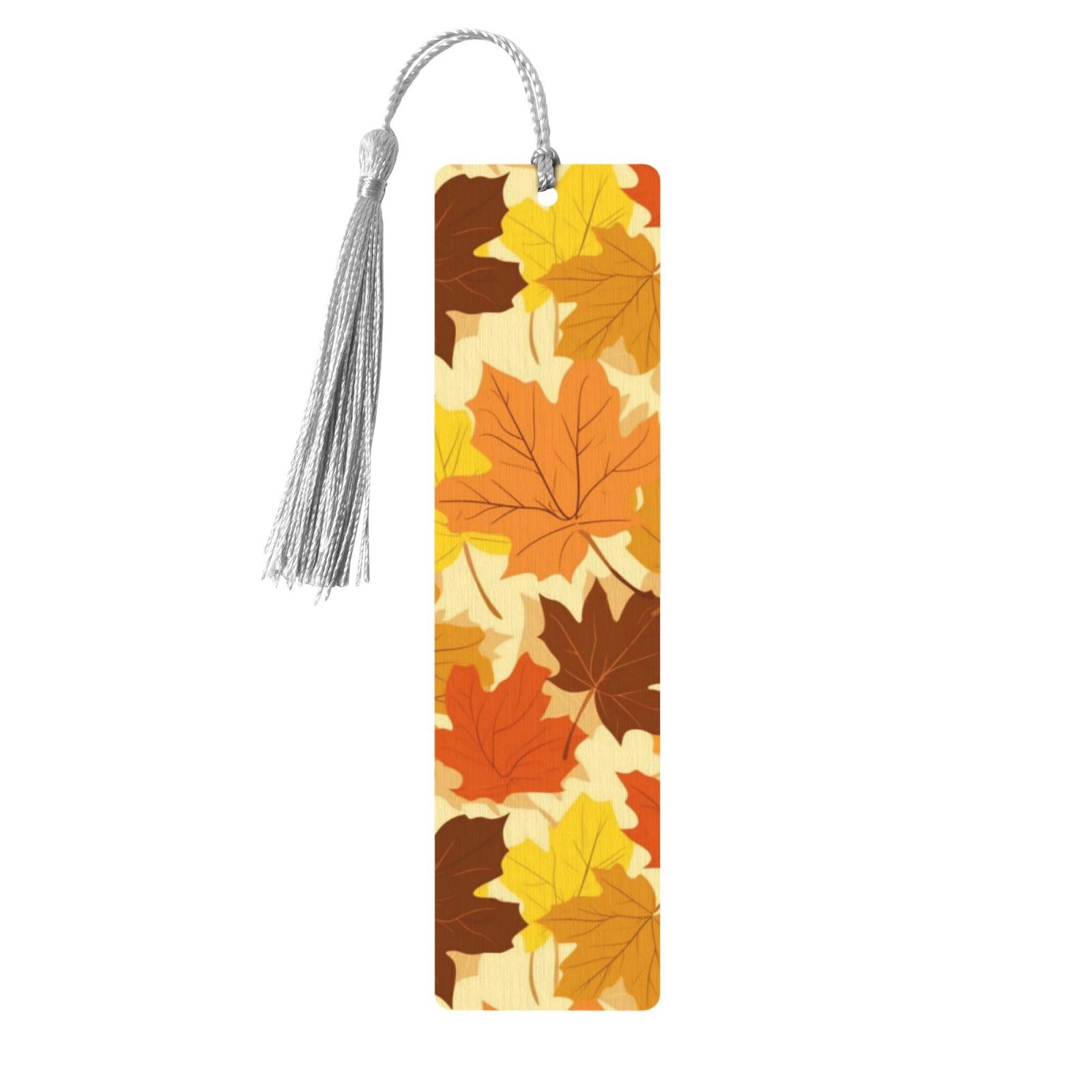 Maple Leaves Double-Sided Print Maple Leaves Bookmarks Wooden Book Marks with Gray Tassel, Colorful Fall Lightweight Page Markers Reading Accessories