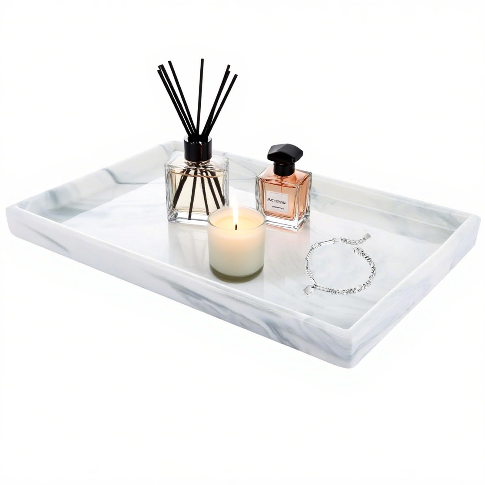 Grand plateau décoratif en marbre de 30 x 20 cm, grand plateau de courtoisie blanc, plateau de salle de bain rectangulaire pour bougie, petite plante, savon, bijoux