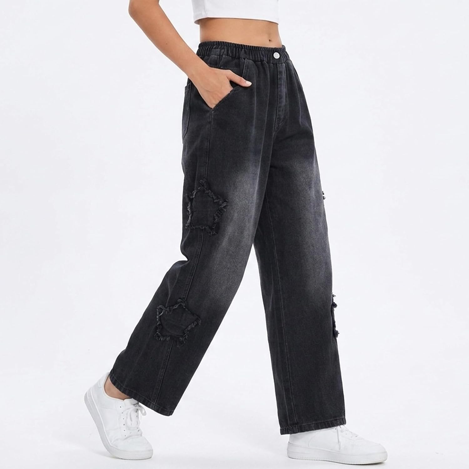 Baggy Jeans for Girls Cute Wide Leg Ripped Elastic Waisted Denim Pants Playwear Outdoor Trousers Y2K Streetwear