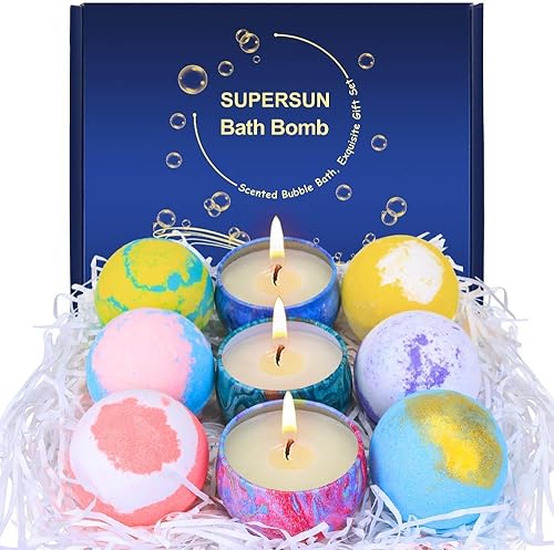 Bombas de baño para mujer, juego de regalo de cumpleaños 6 bombas de baño con 3 velas perfumadas, naturales y orgánicas para baño de burbujas y spa,