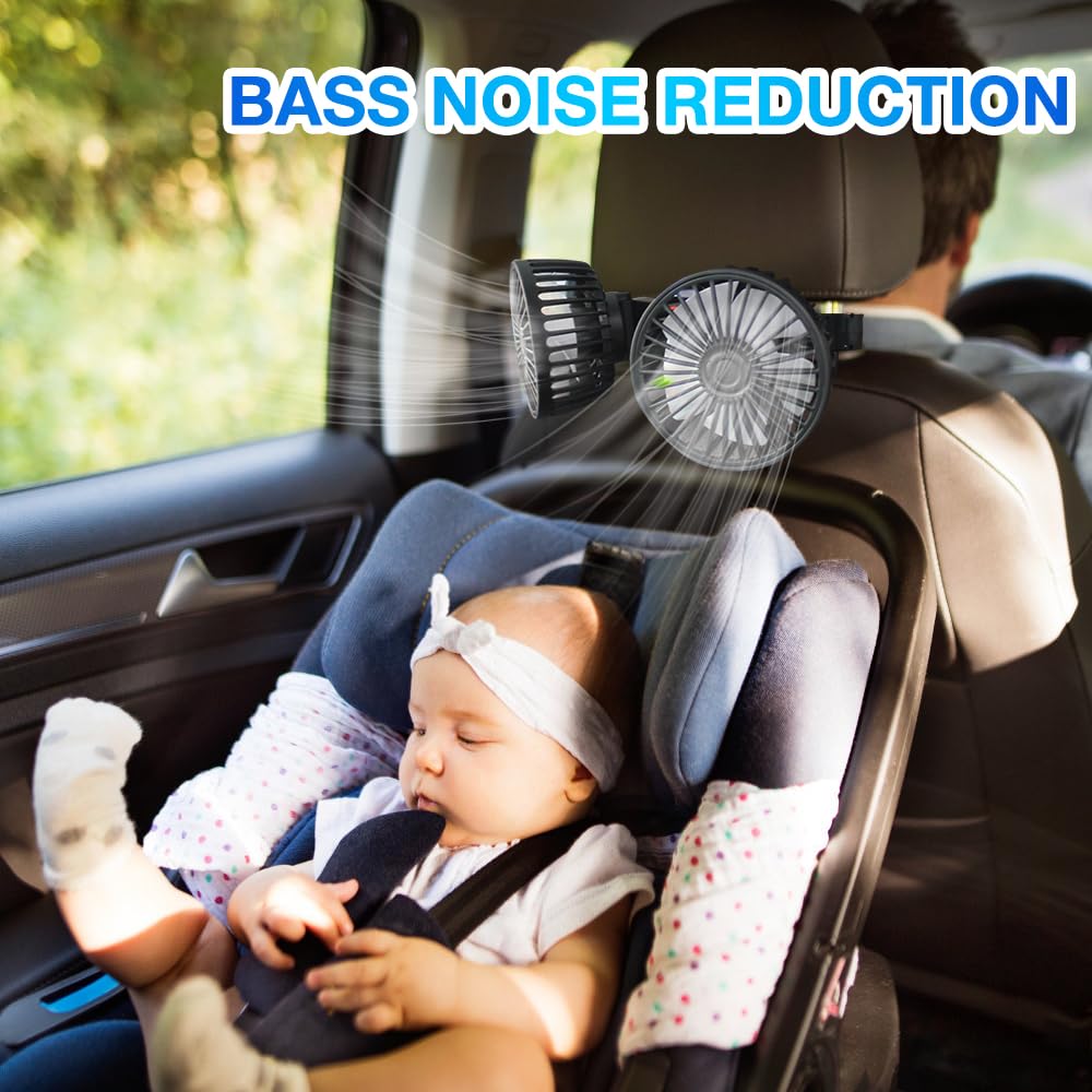 Ventilatore per Auto, Ventilatore USB 5V 2A con 3 Velocità per Sedile Posteriore Passeggero 360° Ruotabile Ventola Due Testa Ventola di Raffreddamento per Auto per Veicoli Come Berlina, SUV, RV