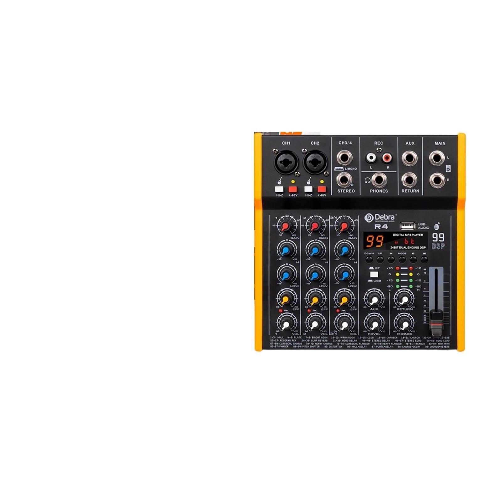 Mikser audio, OTG Metalowy Mikser DJ Konsola Mini4 Z Bluetooth 48V Power Delay Repaeat Efekt Do Miksowania Dźwięku Nagrywania PC Do studia karaoke(R4 4 Channel)